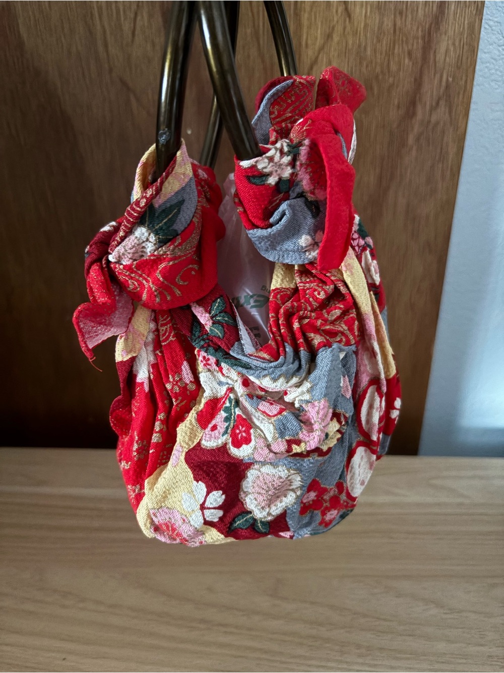 Red Small FUROSHIKI Bag with Brown Plastic Rings from Japan - Picture 4 of 9